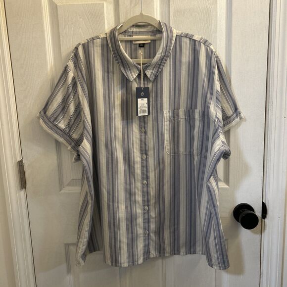 NWT Universal Thread Women's Short Sleeve Button Down Shirt Blue Stripe Size 2XL - Picture 1 of 16